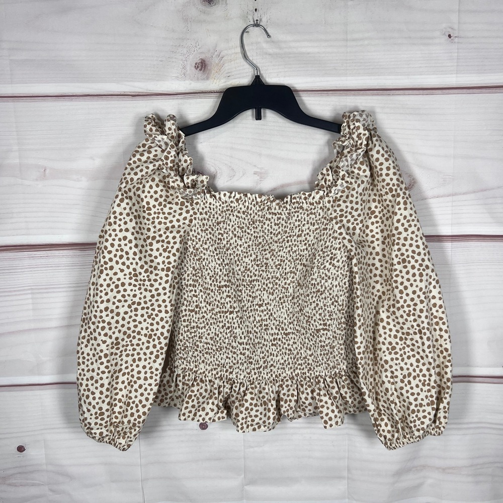 The Drop Top Womens M Brown Polka Dot Smocked Peplum Ruffle Puff Sleeve Cotton